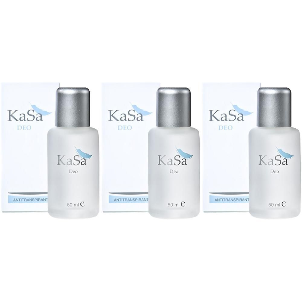 Drei Flaschen KaSa Deo Antitranspirant, jeweils 50 ml, mit silbernen Verschlüssen und weißen Kartons.