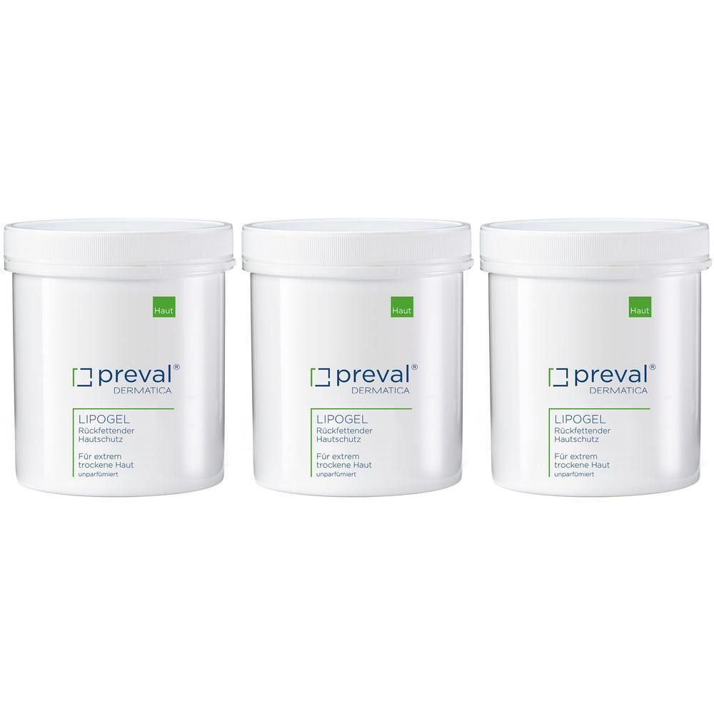 Drei weiße Tiegel mit preval® LIPOGEL für extrem trockene Haut.