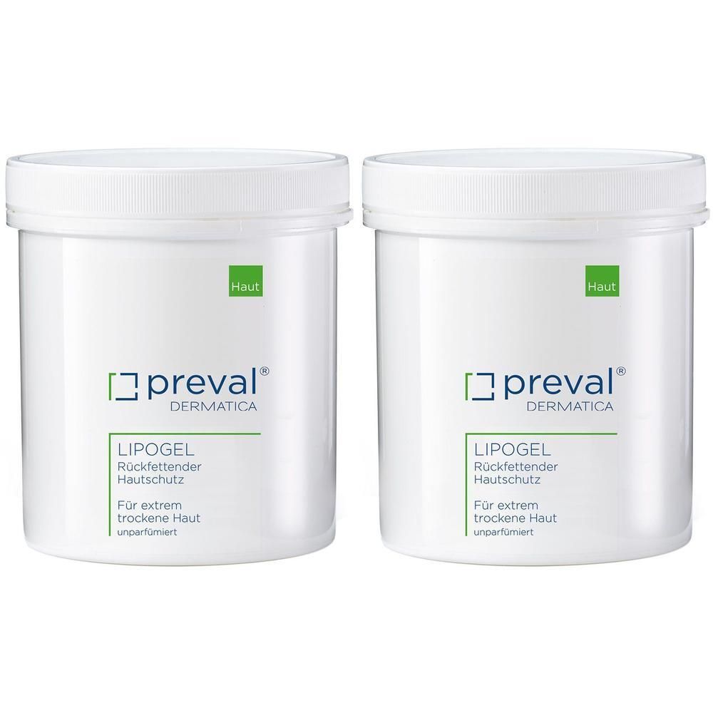 Zwei weiße Tiegel mit preval® LIPOGEL. Für extrem trockene Haut, unparfümiert.