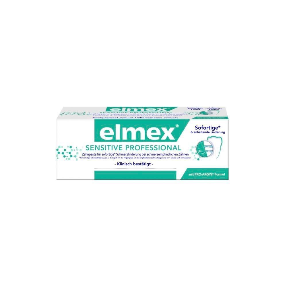 Elmex Sensitive Professional Zahnpasta Reisegröße Verpackung mit Zahn-Symbol und Molekülstruktur.