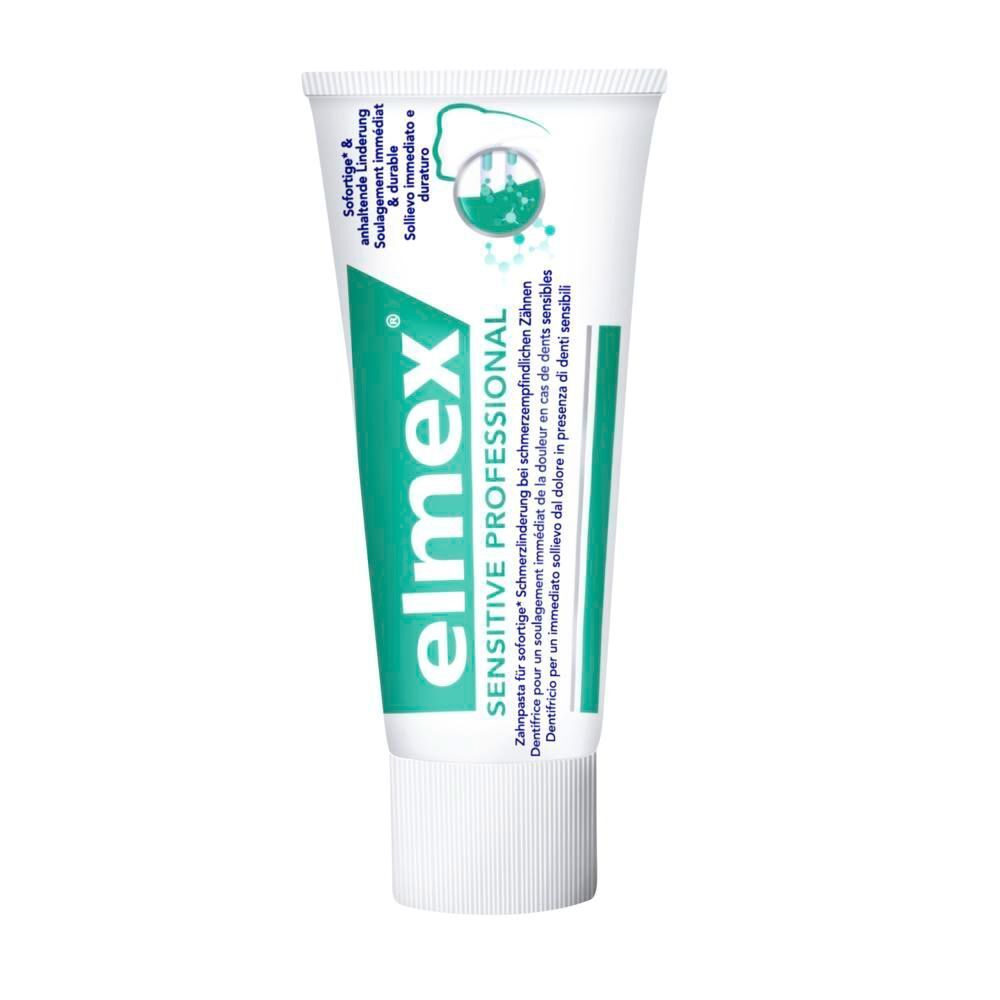 Elmex Sensitive Professional Zahnpasta Tube mit Zahn-Symbol und Molekülstruktur.
