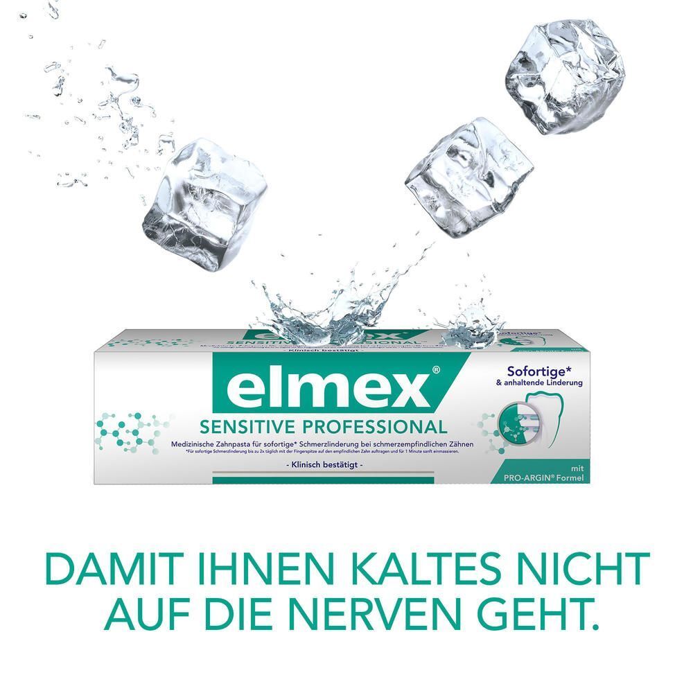 Elmex Sensitive Professional Zahnpasta Verpackung mit Eiswürfeln und Wasserspritzern. Text: "Damit Ihnen Kaltes nicht auf die Nerven geht."