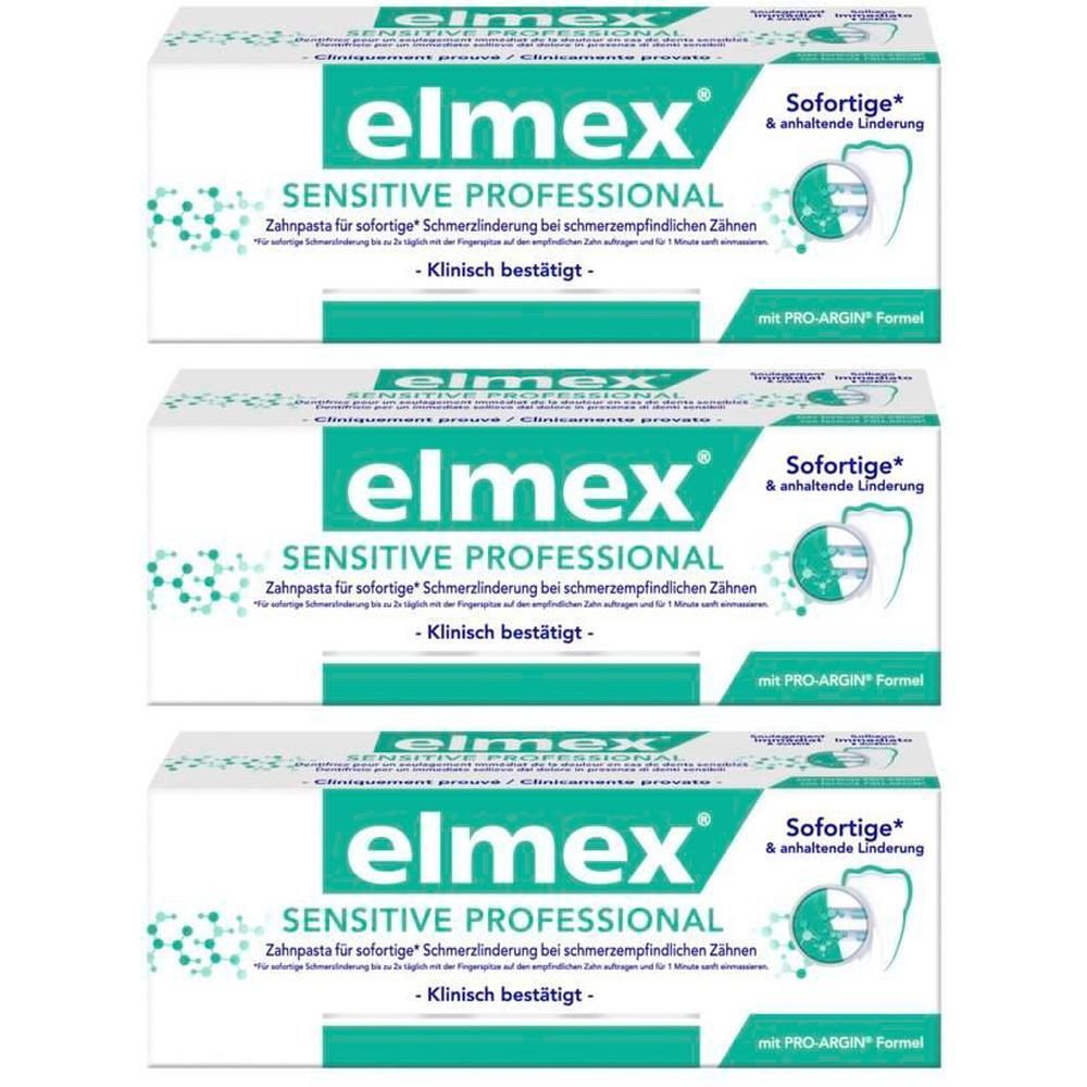 Drei Packungen Elmex Sensitive Professional Zahnpasta nebeneinander.
