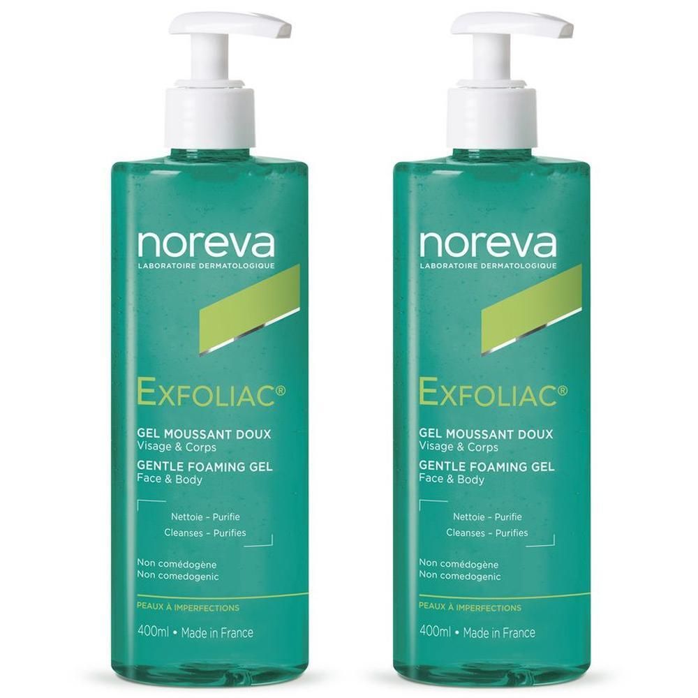 Zwei Flaschen Noreva Exfoliac Reinigungsgel mit Pumpspendern. Grüne Flaschen mit weißem Etikett und Text.