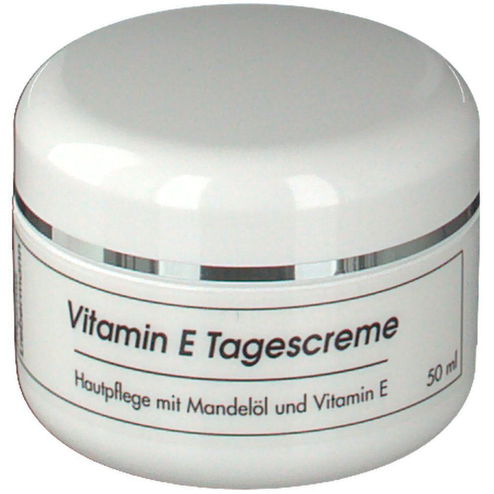Weiße Dose mit Vitamin E Tagescreme, 50 ml. Enthält Mandelöl und Vitamin E.