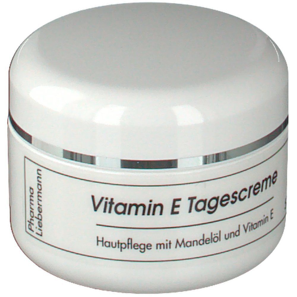 Vorderseite einer Dose Vitamin E Tagescreme mit Herstellerangaben und Produktbezeichnung.