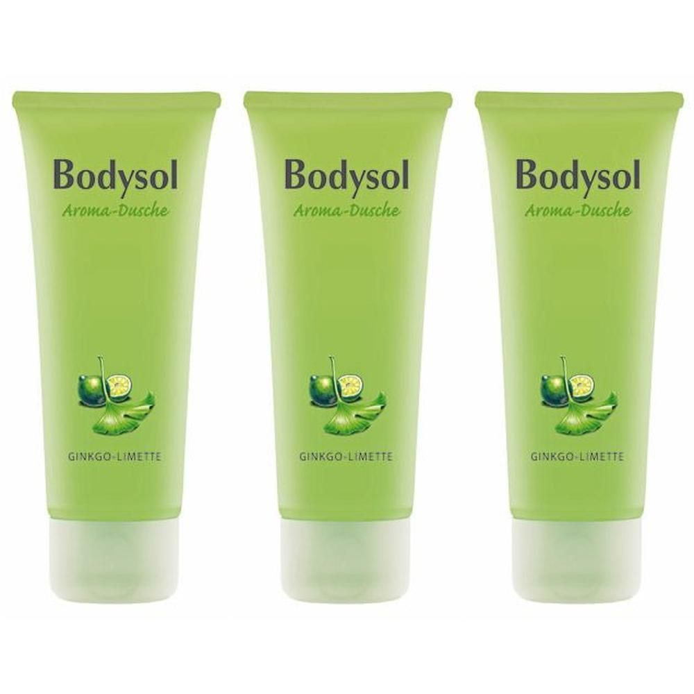 Drei grüne Tuben Bodysol Aroma-Dusche Ginkgo-Limette mit Abbildung von Ginkgo-Blättern und Limettenscheiben.