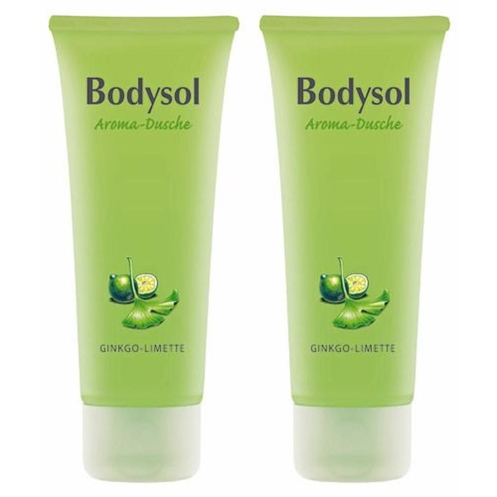 Zwei grüne Tuben Bodysol Aroma-Dusche Ginkgo-Limette mit Abbildung von Ginkgo-Blättern und Limettenscheiben.