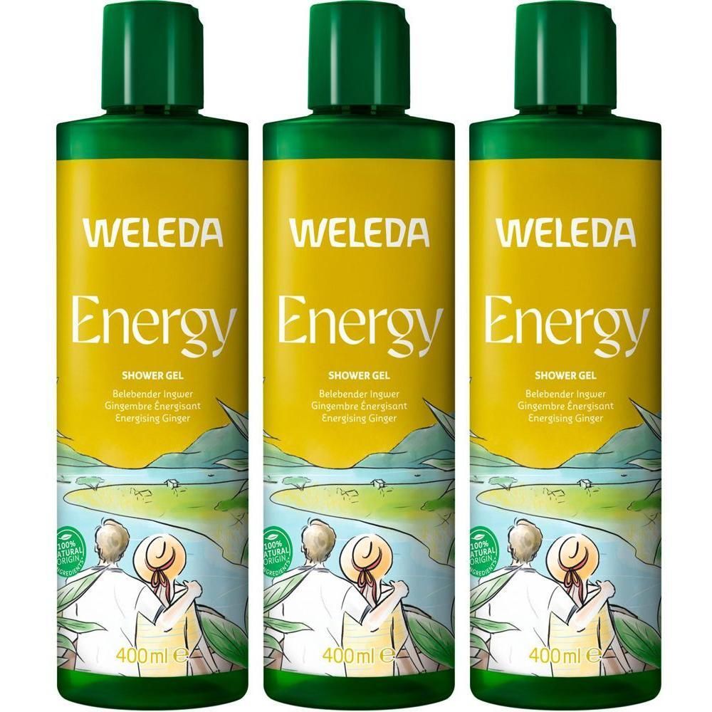 Drei Flaschen Weleda Aroma Duschgel Energy mit 400ml Inhalt. Grüne Verschlüsse, gelbe Etiketten mit Landschaftsmotiv.