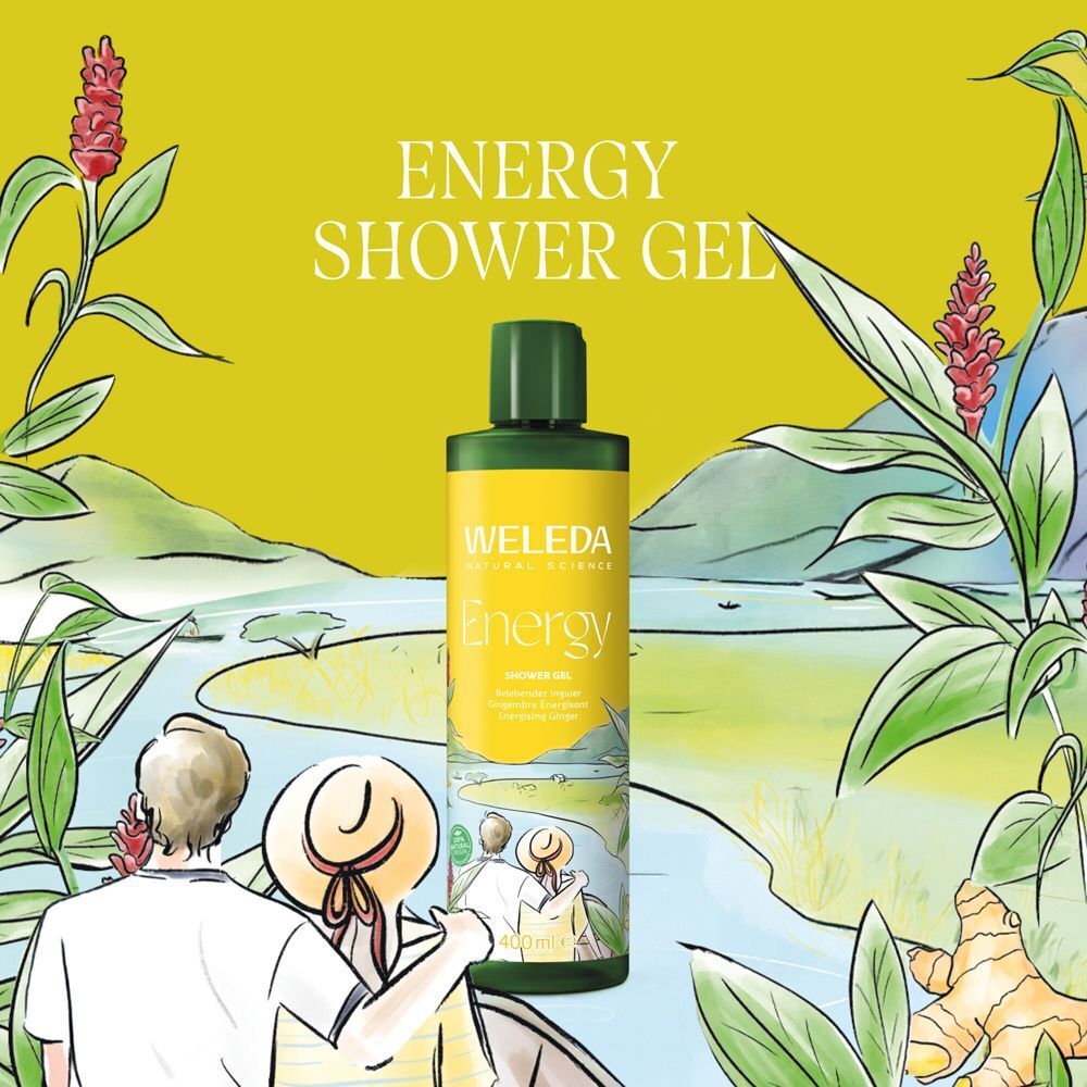 Weleda Aroma Duschgel Energy Flasche in einer Landschaft mit zwei Personen.