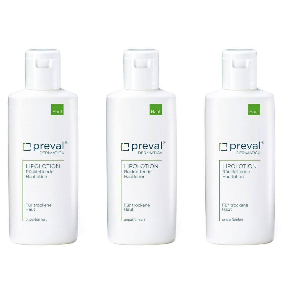 Drei weiße Flaschen preval LIPOLOTION Rückfettende Hautlotion für trockene Haut.