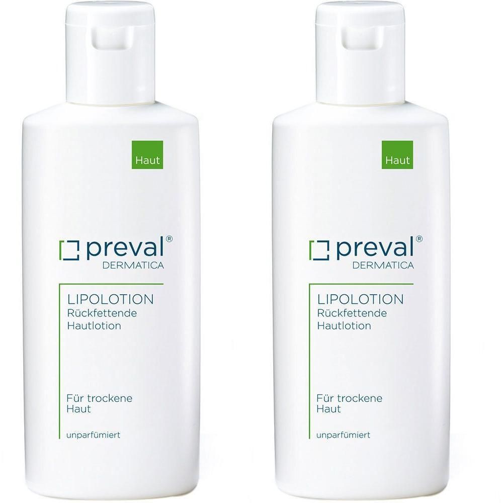 Zwei weiße Flaschen preval LIPOLOTION Rückfettende Hautlotion für trockene Haut, unparfümiert.