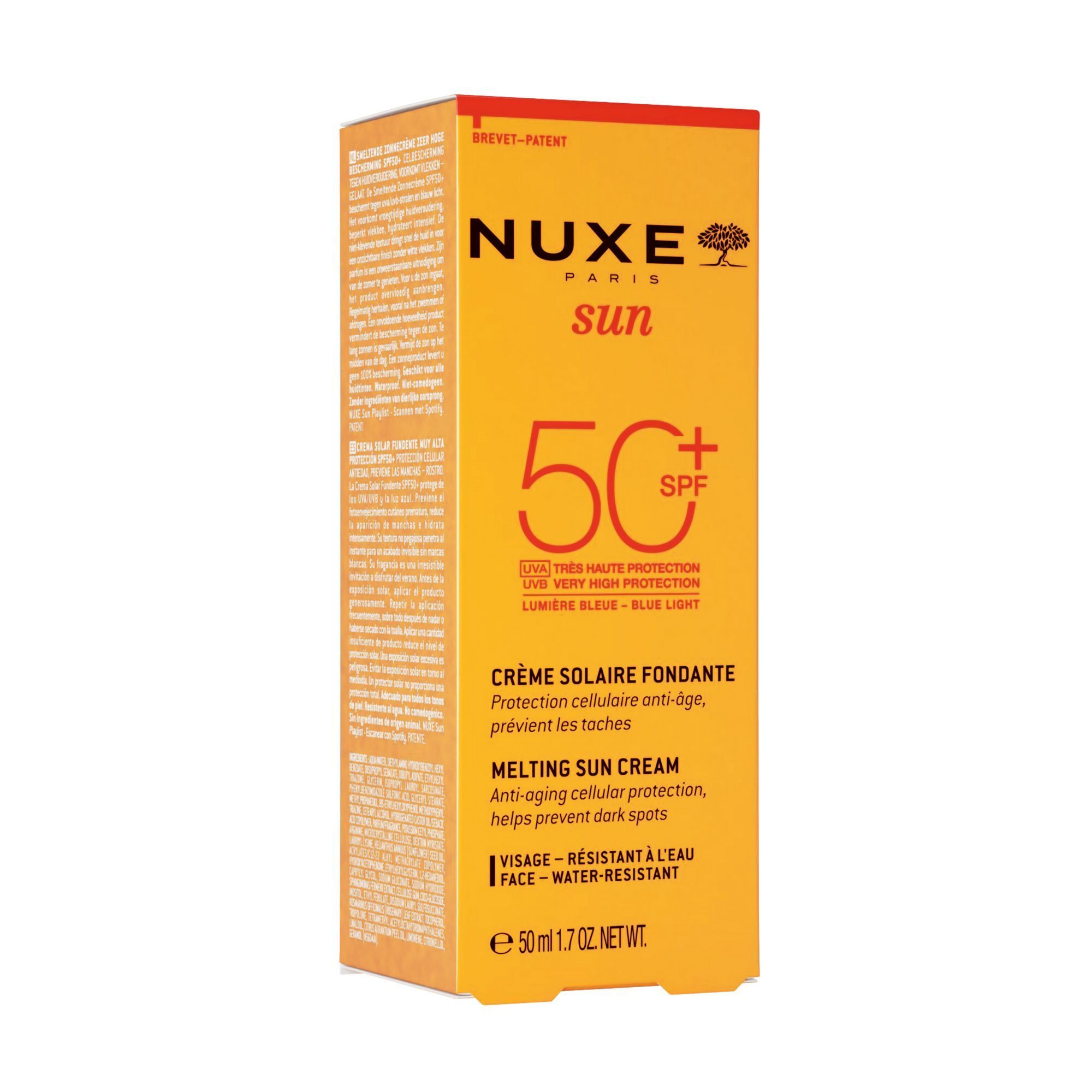 Verpackung Nuxe Sun Sonnencreme Gesicht LSF 50, orangefarbene Faltschachtel mit Produktinformationen.