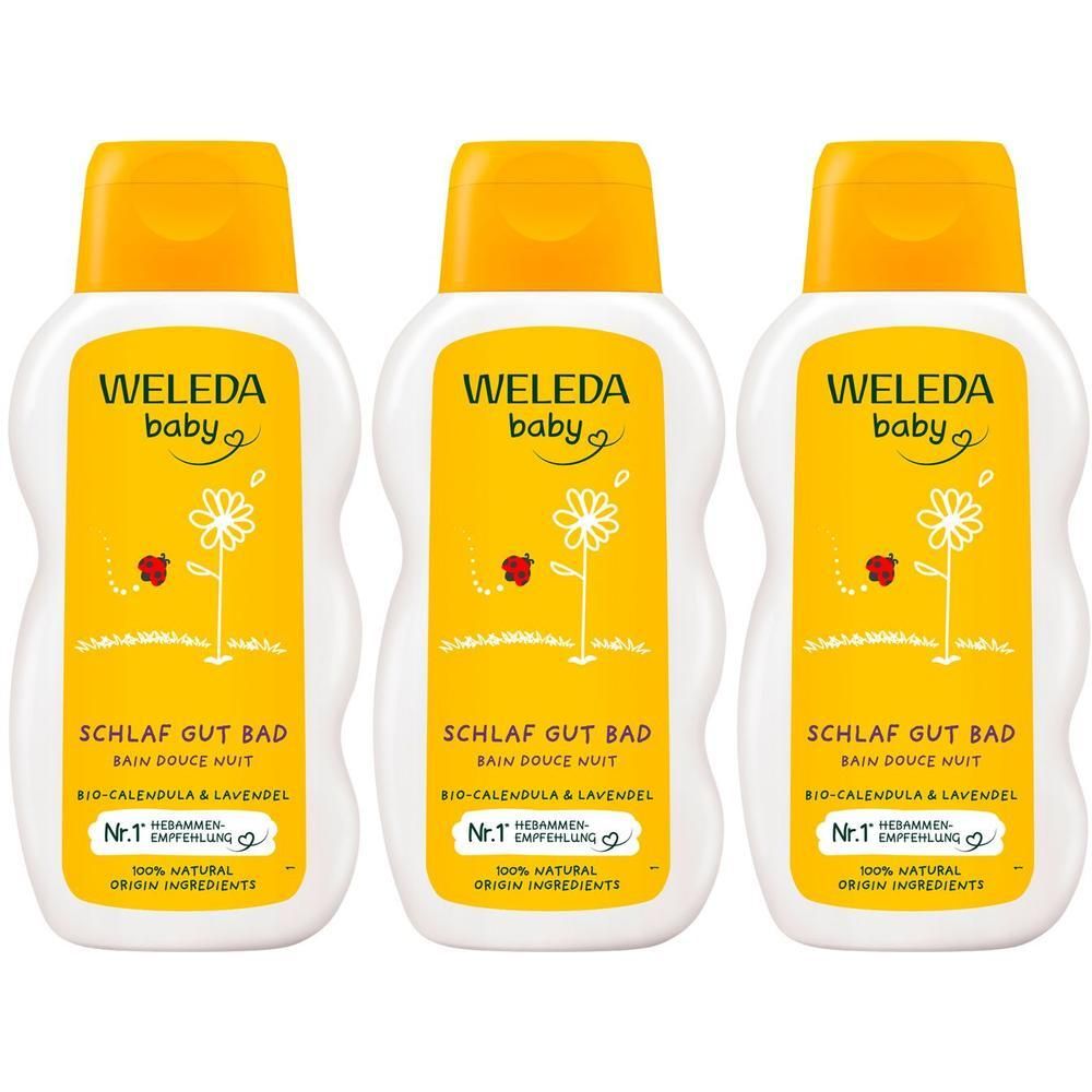 Drei Flaschen Weleda Baby Calendula Schlaf Gut Bad mit gelbem Deckel und gelbem Etikett mit Blumenmotiv.