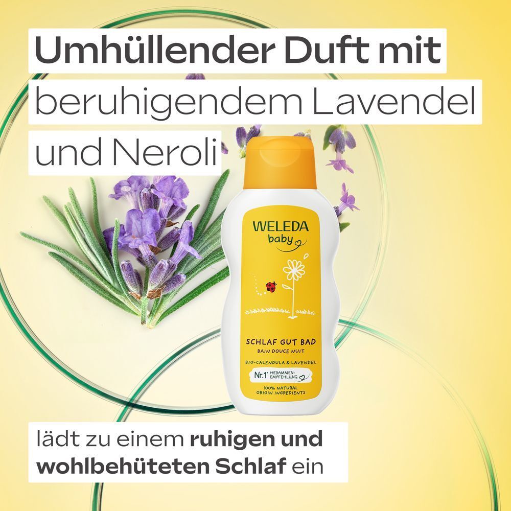Flasche Weleda Baby Calendula Schlaf Gut Bad neben Lavendel und Rosmarin. Text: Umhüllender Duft mit beruhigendem Lavendel und Neroli.