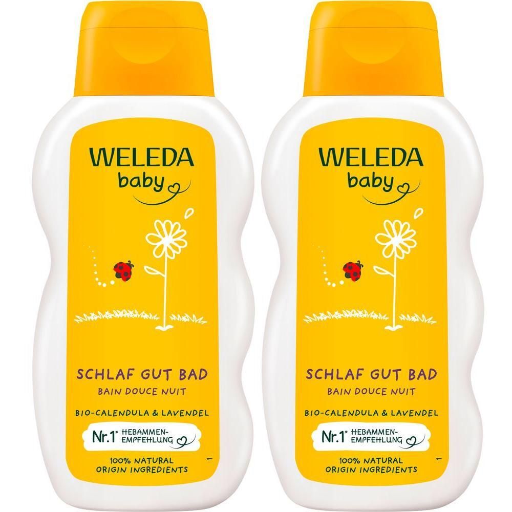 Zwei Flaschen Weleda Baby Calendula Schlaf Gut Bad mit gelbem Deckel und gelbem Etikett.