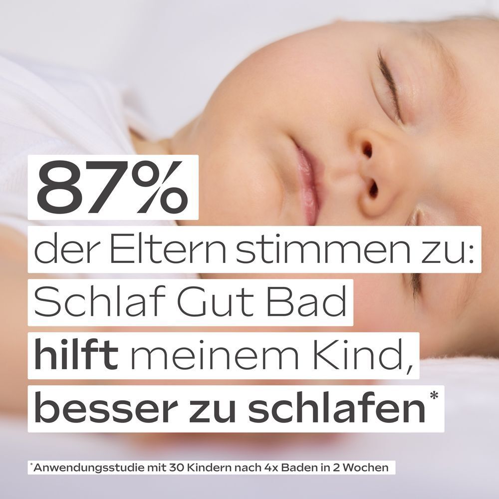 Schlafendes Baby mit Text: 87% der Eltern stimmen zu: Schlaf Gut Bad hilft meinem Kind, besser zu schlafen.