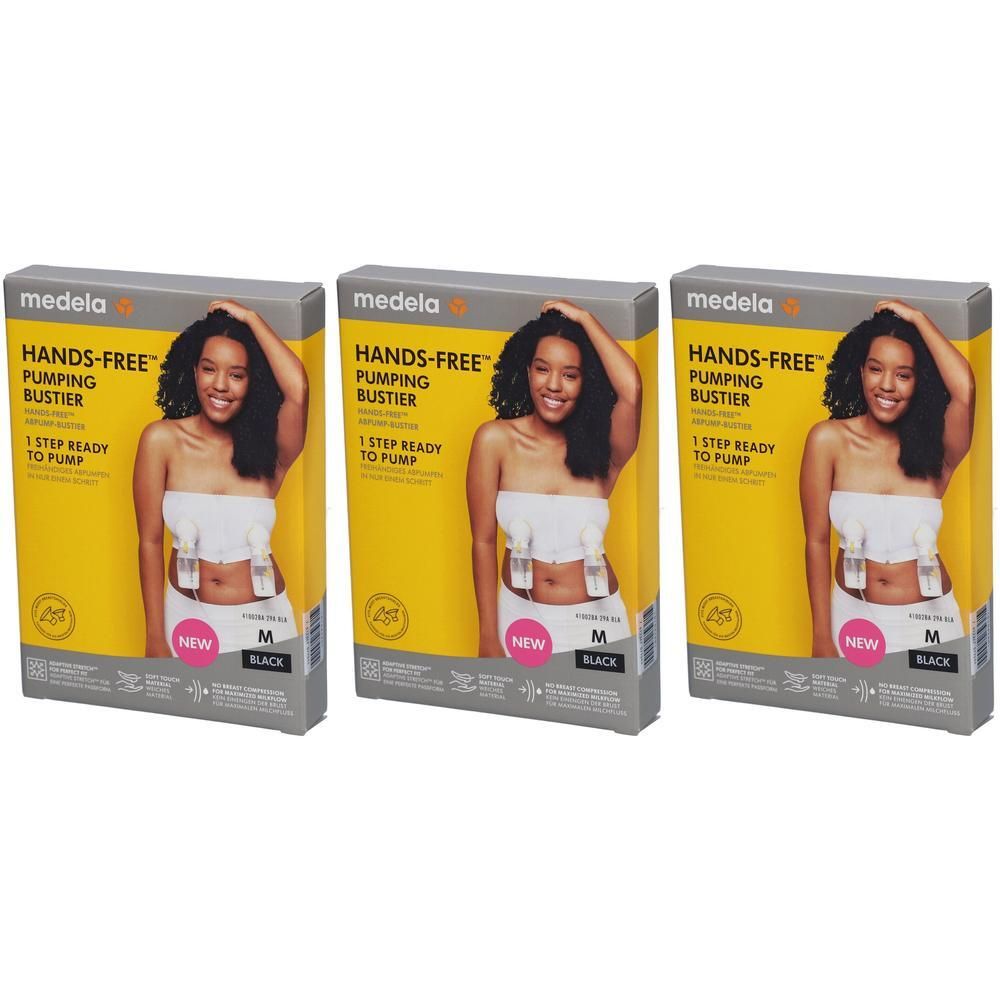 Drei Packungen Medela Hands-Free™ Abpump-Bustier in Schwarz, Größe M. Jede Packung zeigt eine Frau mit dem Bustier.
