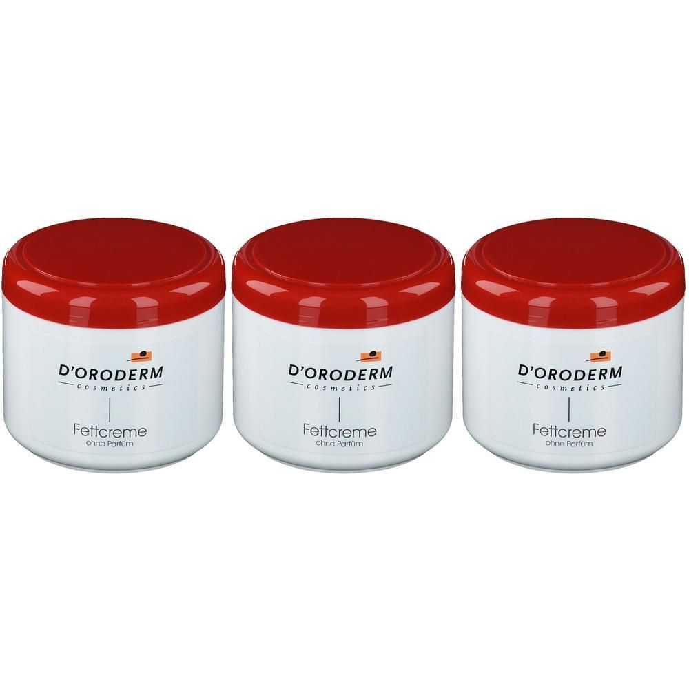 Drei weiße Tiegel mit roten Deckeln, beschriftet mit D'ORODERM Fettcreme.