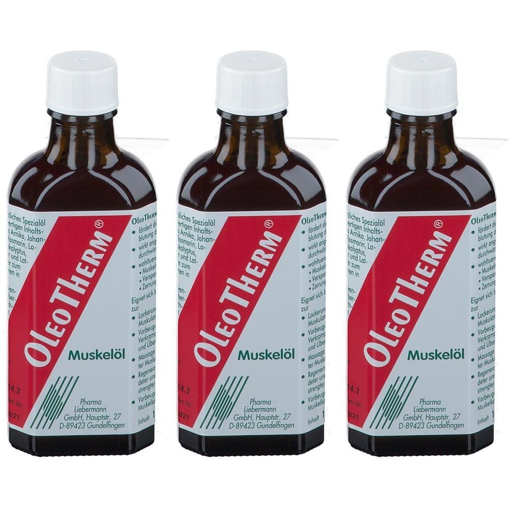 Drei Flaschen OleoTherm Muskelöl mit weißen Verschlüssen und roten Etiketten.