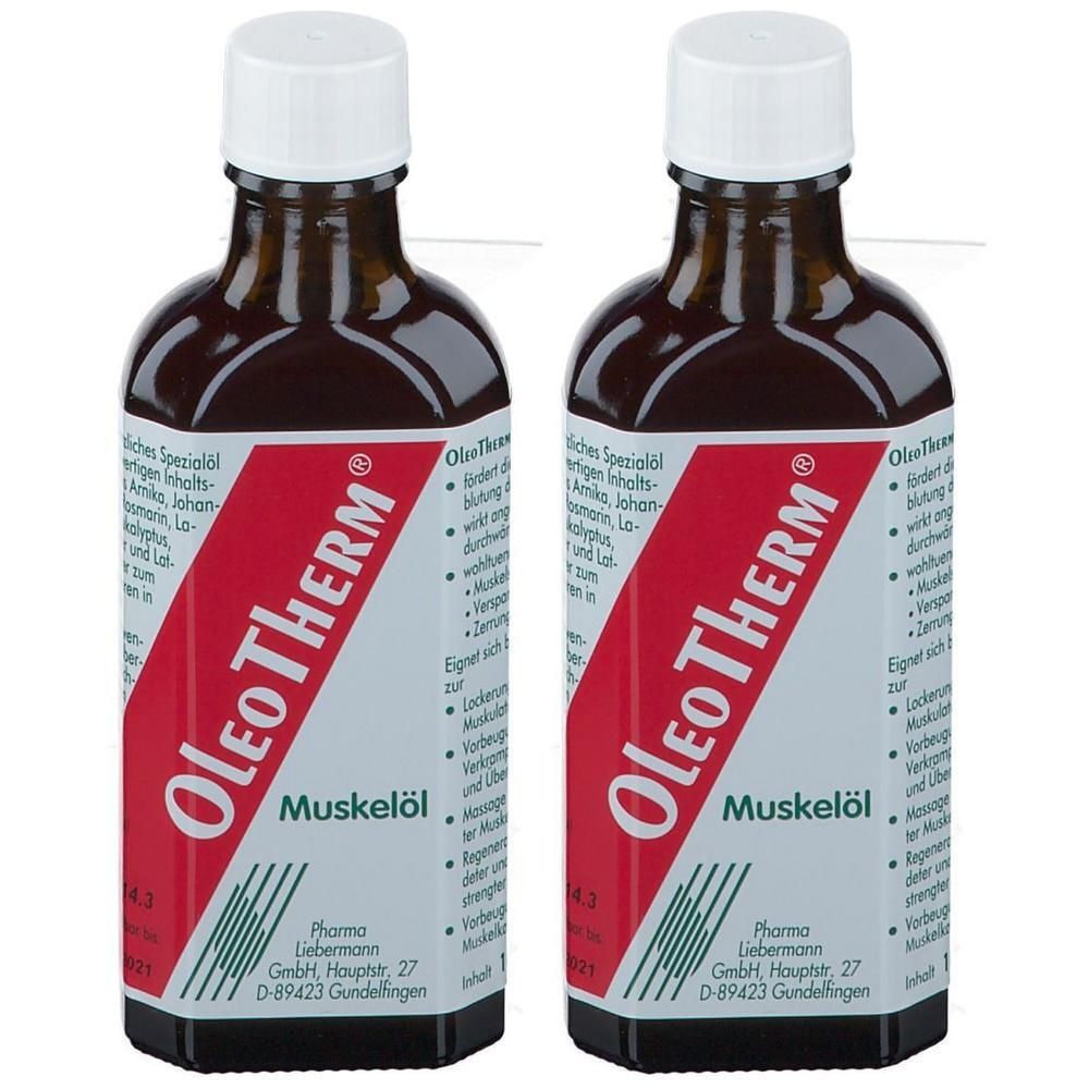 Zwei Flaschen OleoTherm Muskelöl mit weißen Verschlüssen und roten Etiketten.