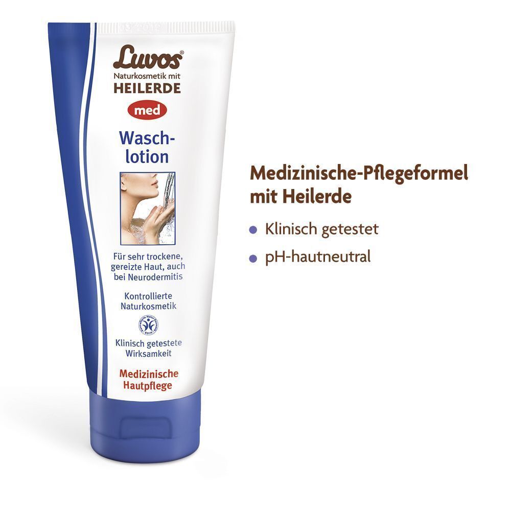 Rückseite Luvos-Heilerde MED Wasch-lotion Karton. Inhaltsstoffe und Herstellung.