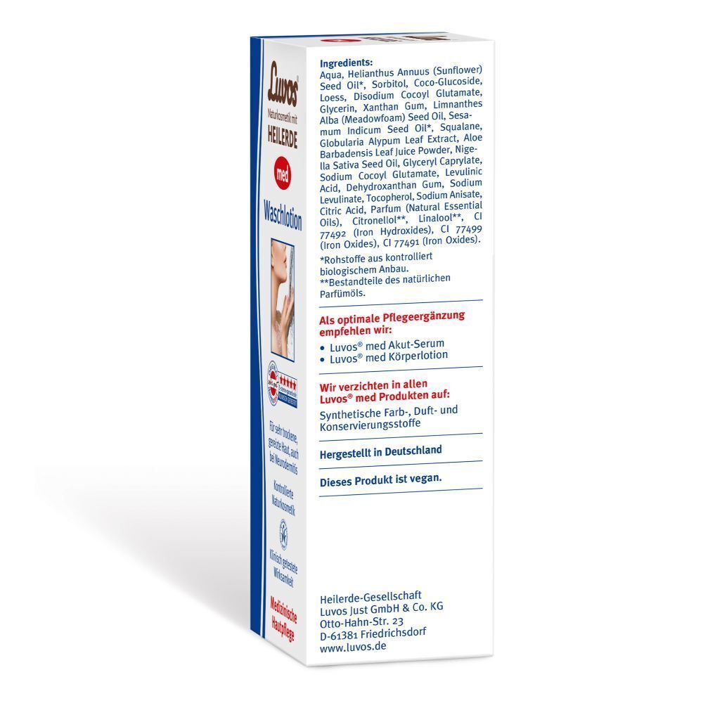 Rückseite der Luvos-Heilerde MED Waschloion Packung mit Anwendungshinweisen.