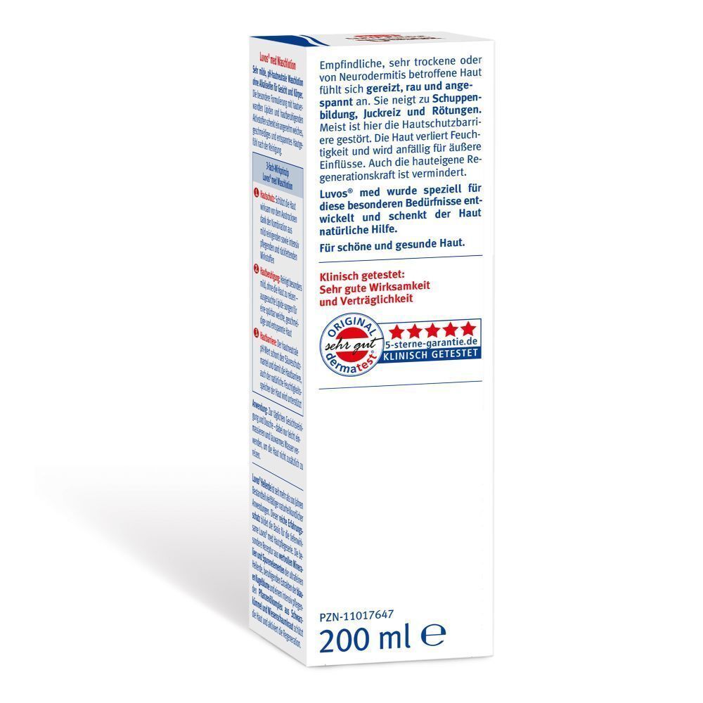 Seitenansicht einer Luvos-Heilerde MED WaschLotion Packung mit Anwendungshinweisen und 200 ml Angabe.