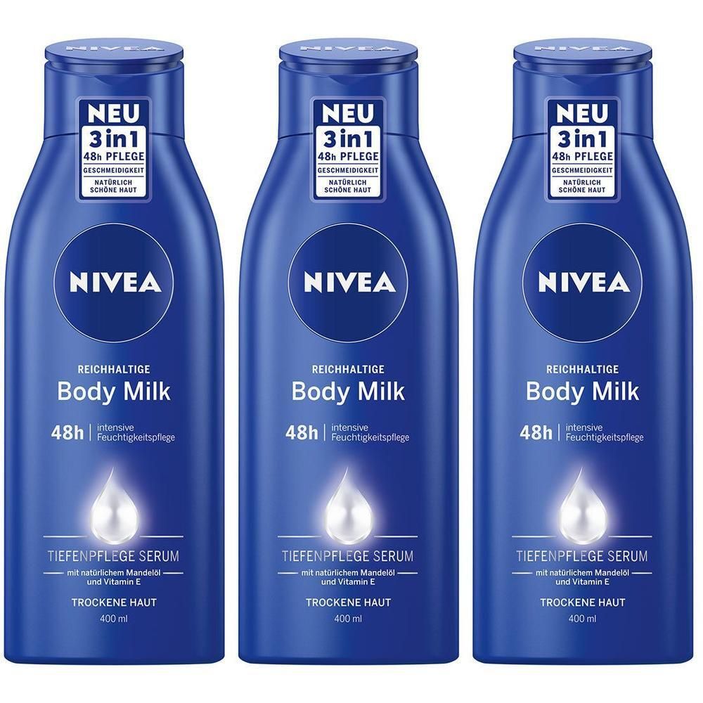Drei NIVEA Reichhaltige Body Milk Flaschen mit 48h intensiver Feuchtigkeitspflege.
