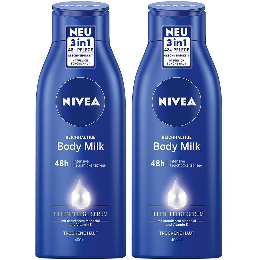 Zwei NIVEA Reichhaltige Body Milk Flaschen, 400ml, für trockene Haut.