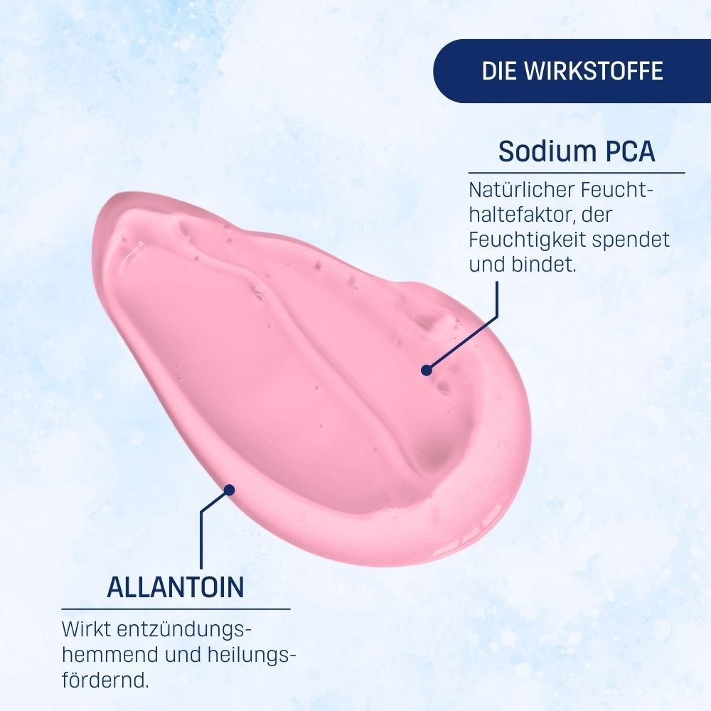 Rosa Flüssigkeit mit Allantoin und Sodium PCA, Inhaltsstoffe von EUBOS Basis Pflege.