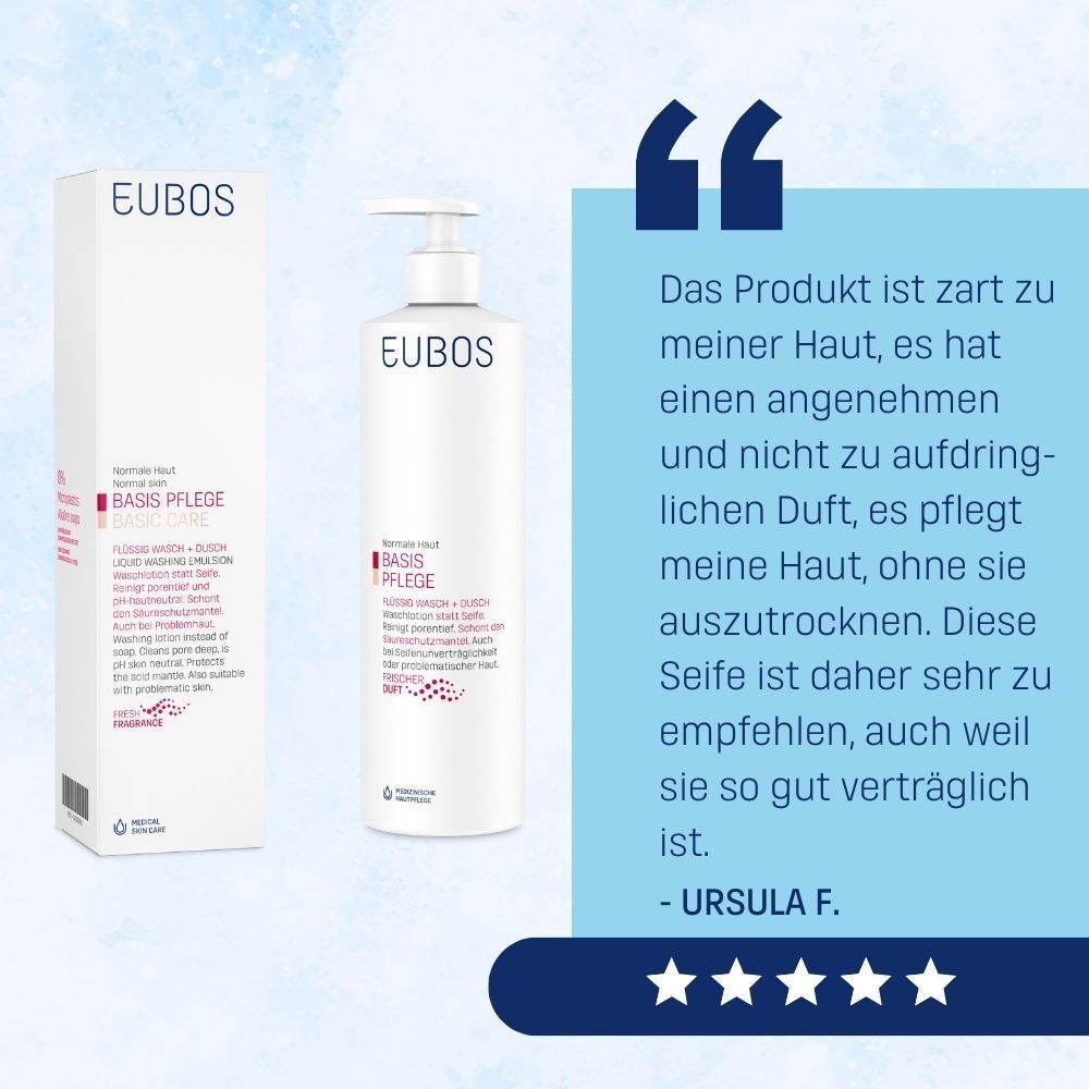 Kundenbewertung für EUBOS Basis Pflege: Zart, angenehmer Duft, pflegend, gut verträglich.