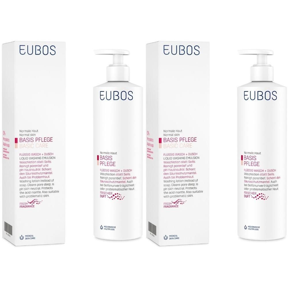 Zwei EUBOS Basis Pflege Flüssig Wasch + Dusch Flaschen mit Pumpspendern und Faltschachteln.