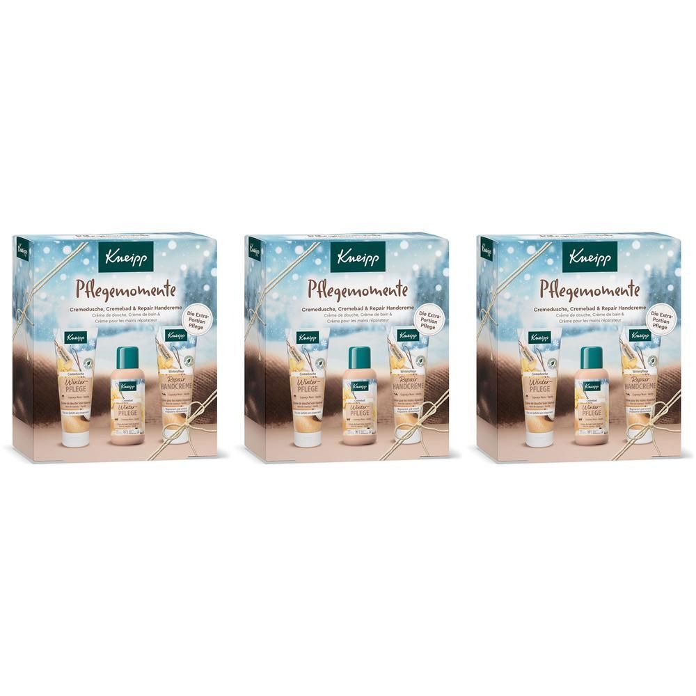 Drei Kneipp Geschenkpackungen 'Pflegemomente' mit Winterpflege-Produkten.
