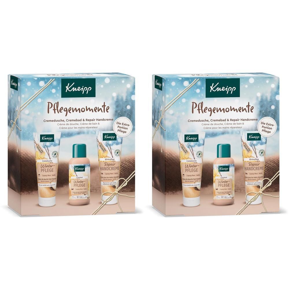 Zwei Kneipp Geschenkpackungen mit je einer Winterpflege Duschcreme, einer Winterpflege Cremebad und einer Handcreme.