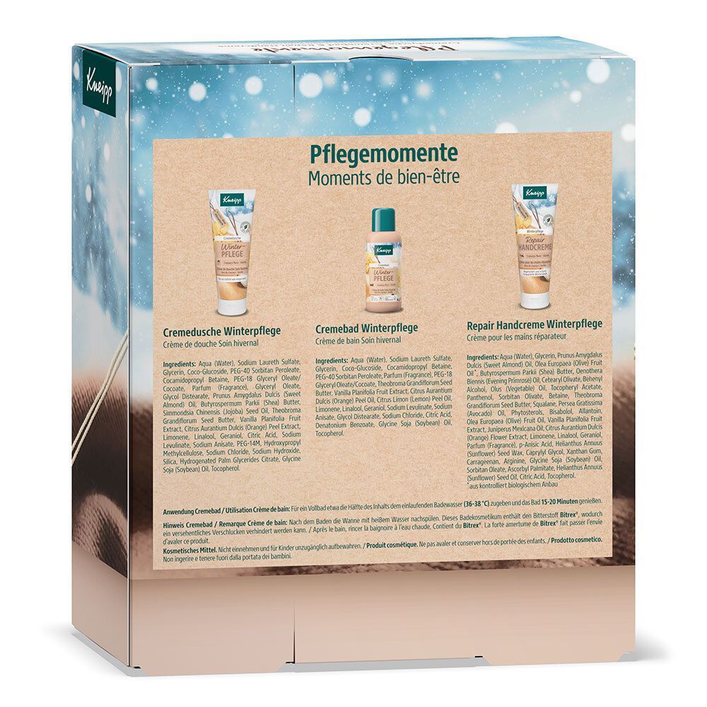 Rückseite einer Kneipp Geschenkpackung mit drei Pflegeprodukten: Winterpflege Duschcreme, Cremebad und Handcreme.