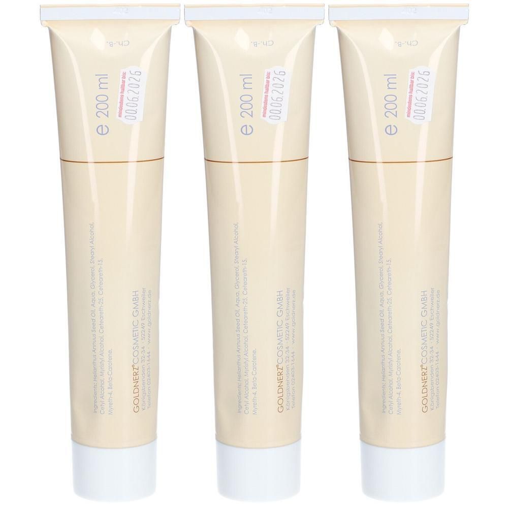 Drei Cremetuben, je 200 ml, mit weißem Verschluss. GOLDNERZ COSMETIC GMBH.