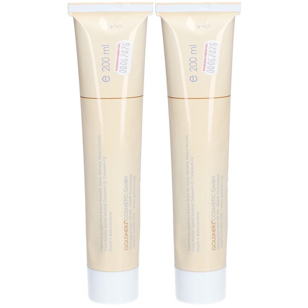 Zwei Cremetuben, je 200 ml, mit GOLDNERZ COSMETIC GMBH Aufdruck.