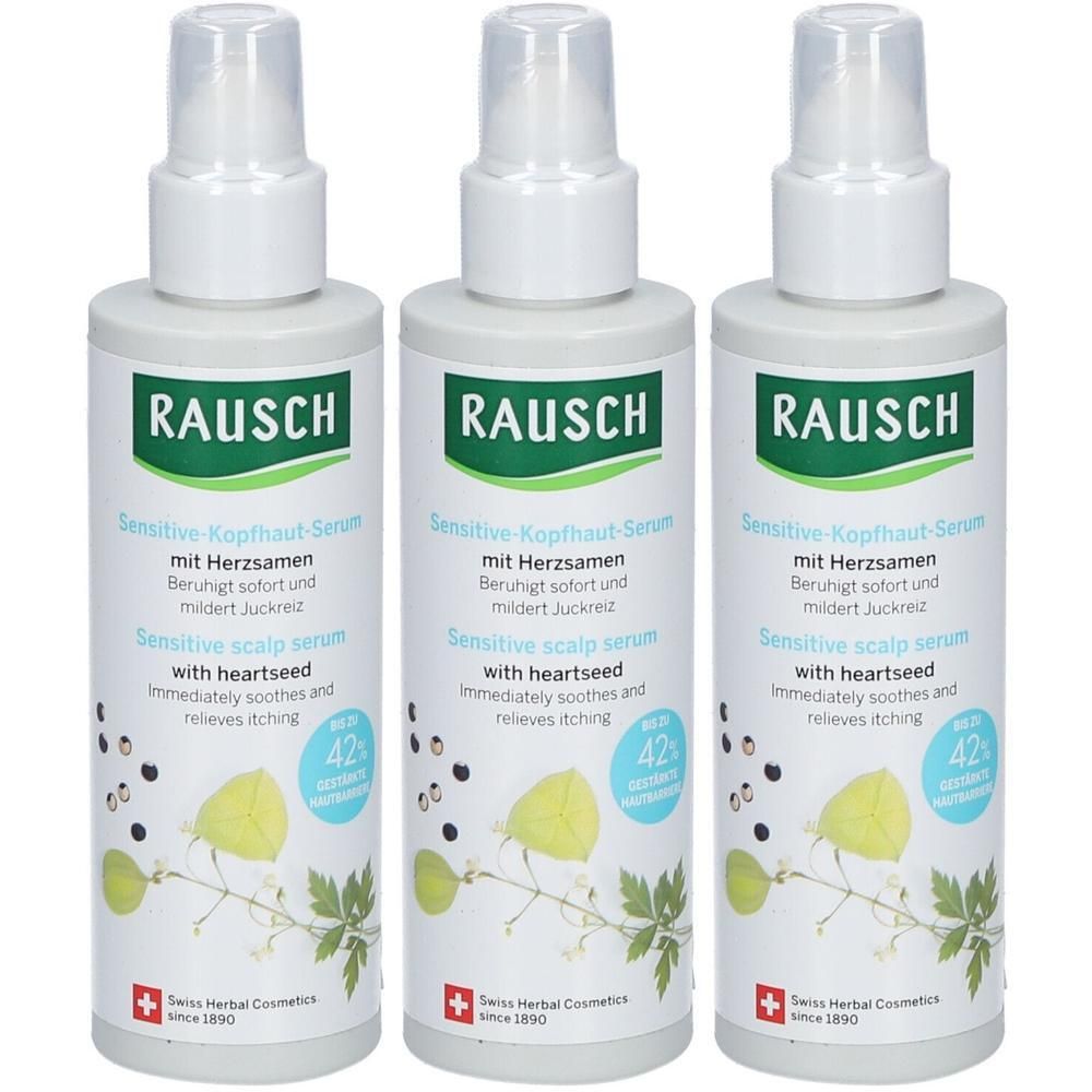 Drei RAUSCH Sensitive-Kopfhaut-Seren mit Herzsamen in Sprühflaschen.