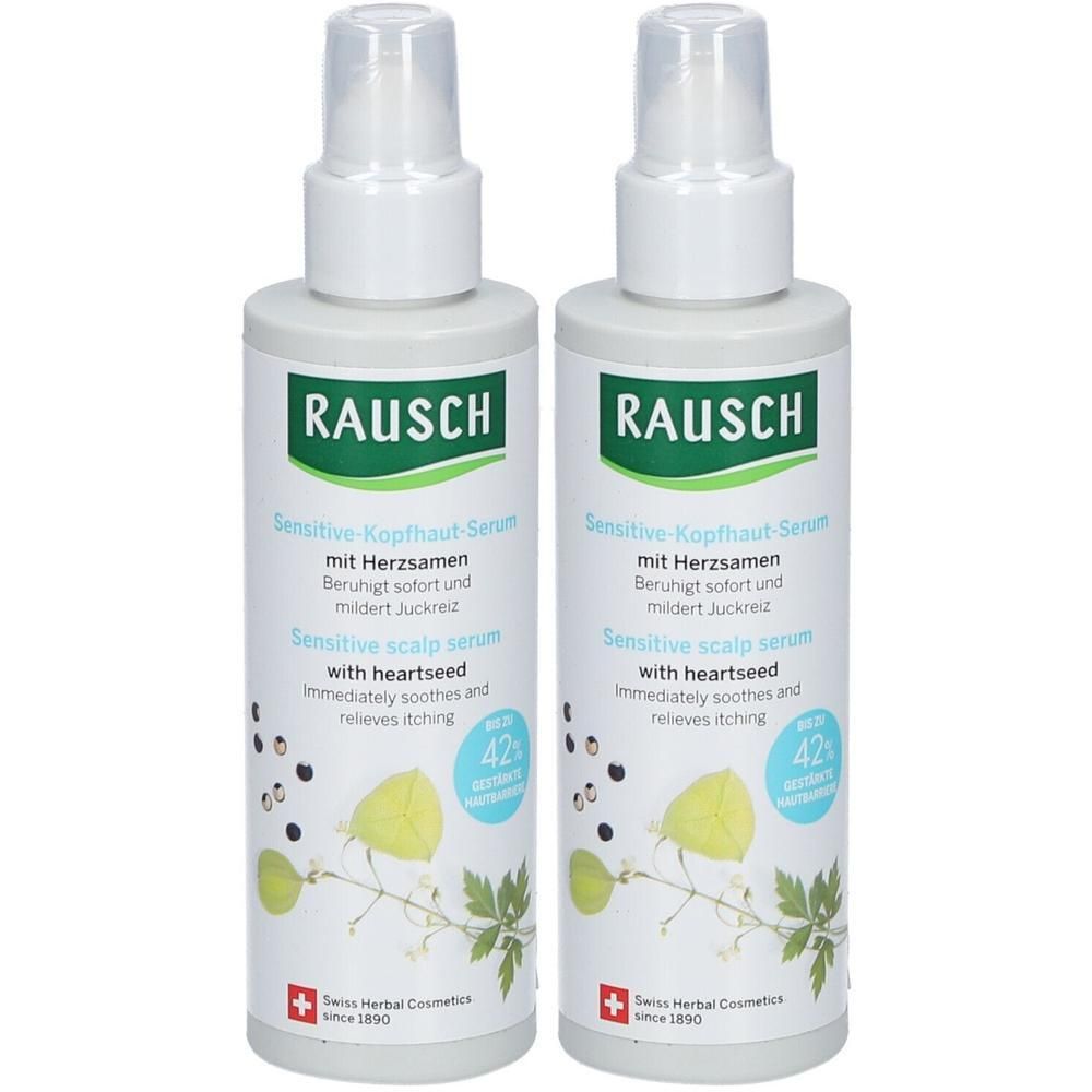 Zwei RAUSCH Sensitive-Kopfhaut-Seren mit Herzsamen in weißen Sprühflaschen mit Etiketten.