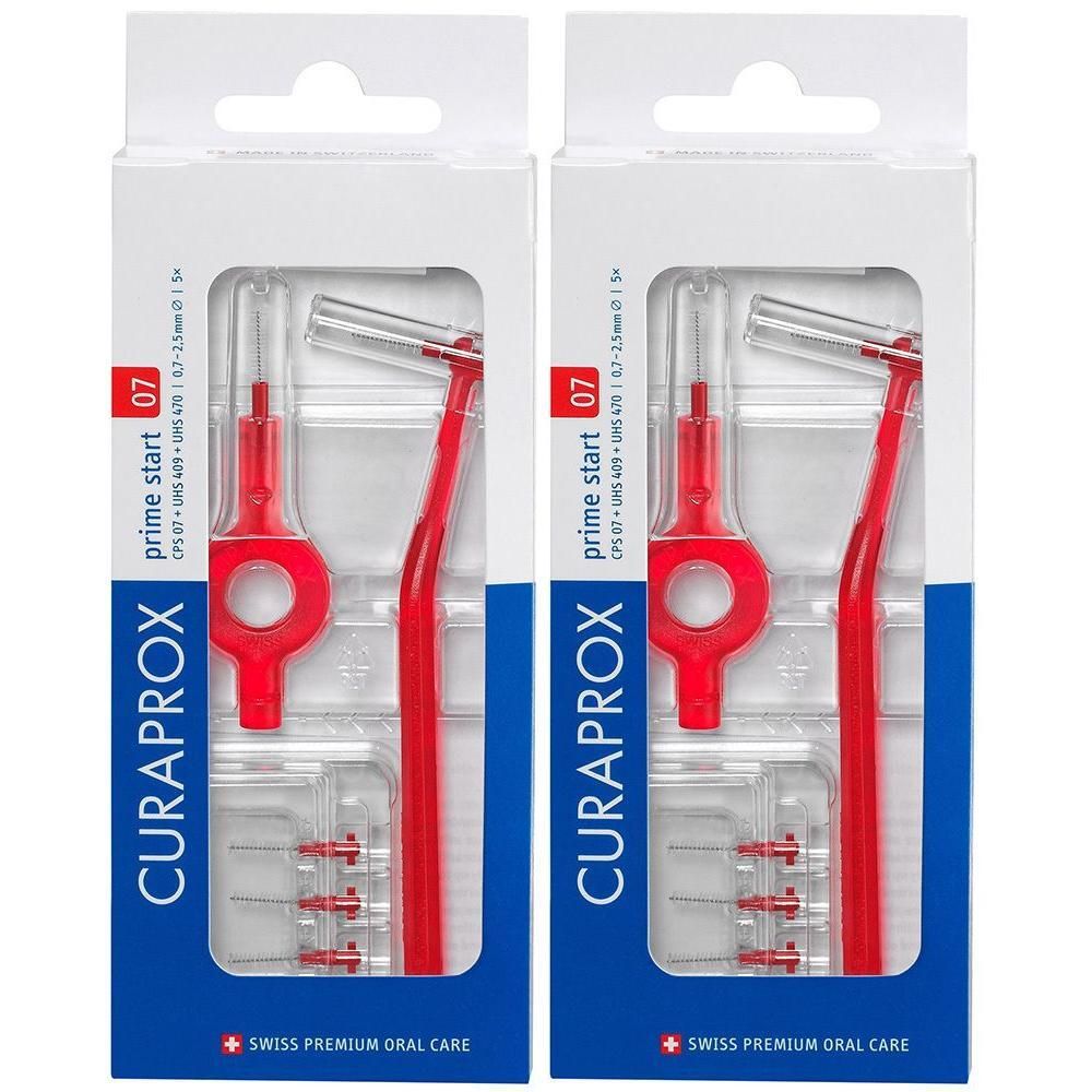 Zwei Packungen rote Curaprox Interdentalbürsten, Größe 0,7 mm. Mit Griff und Aufsätzen.