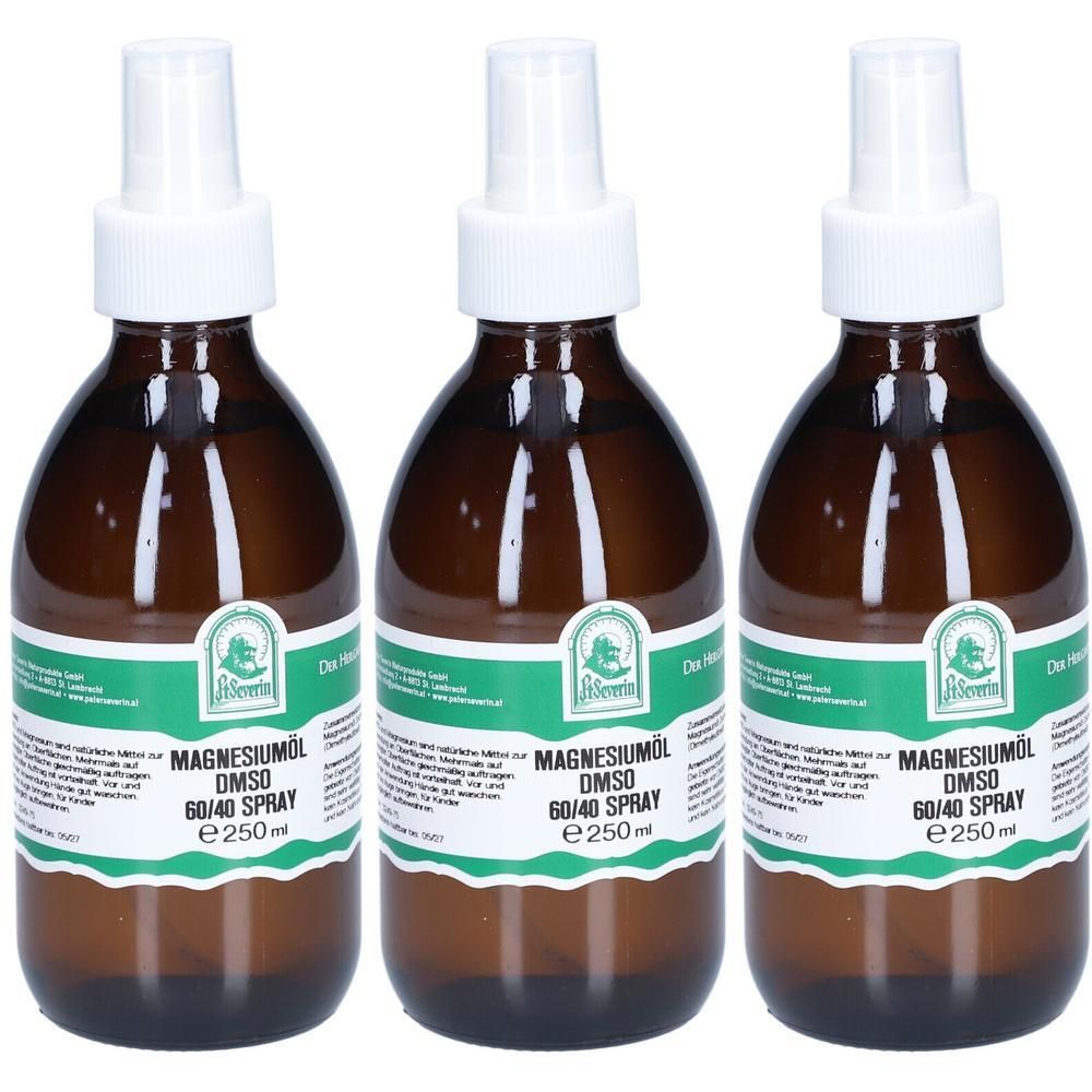 Drei braune Sprühflaschen mit Magnesiumöl DMSO 60/40 Spray.