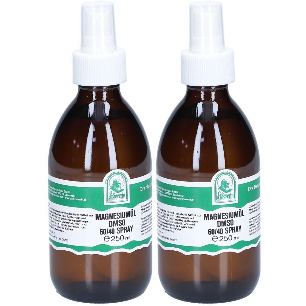 Zwei braune Sprühflaschen mit Magnesiumöl DMSO 60/40.