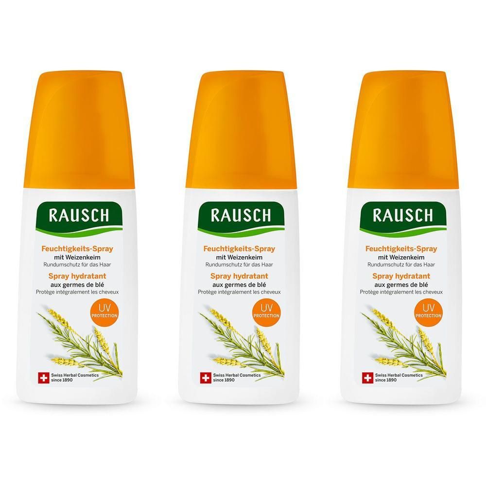 Drei RAUSCH Feuchtigkeits-Sprays mit Weizenkeim und UV-Schutz. Weiße Flaschen mit orangefarbenem Verschluss.