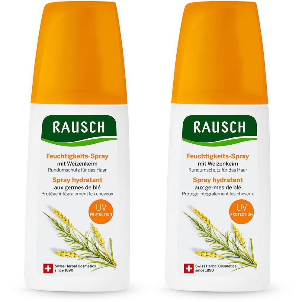 Zwei RAUSCH Feuchtigkeits-Sprays mit Weizenkeim, weiß-orange Flaschen mit grüner Beschriftung und Weizenähren-Motiv.