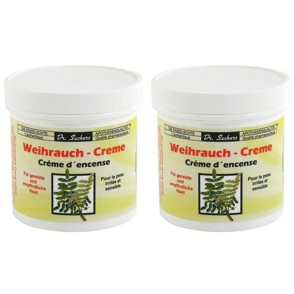 Zwei Dosen Dr. Sacher's Weihrauch-Creme mit Abbildung von Weihrauch-Zweigen.