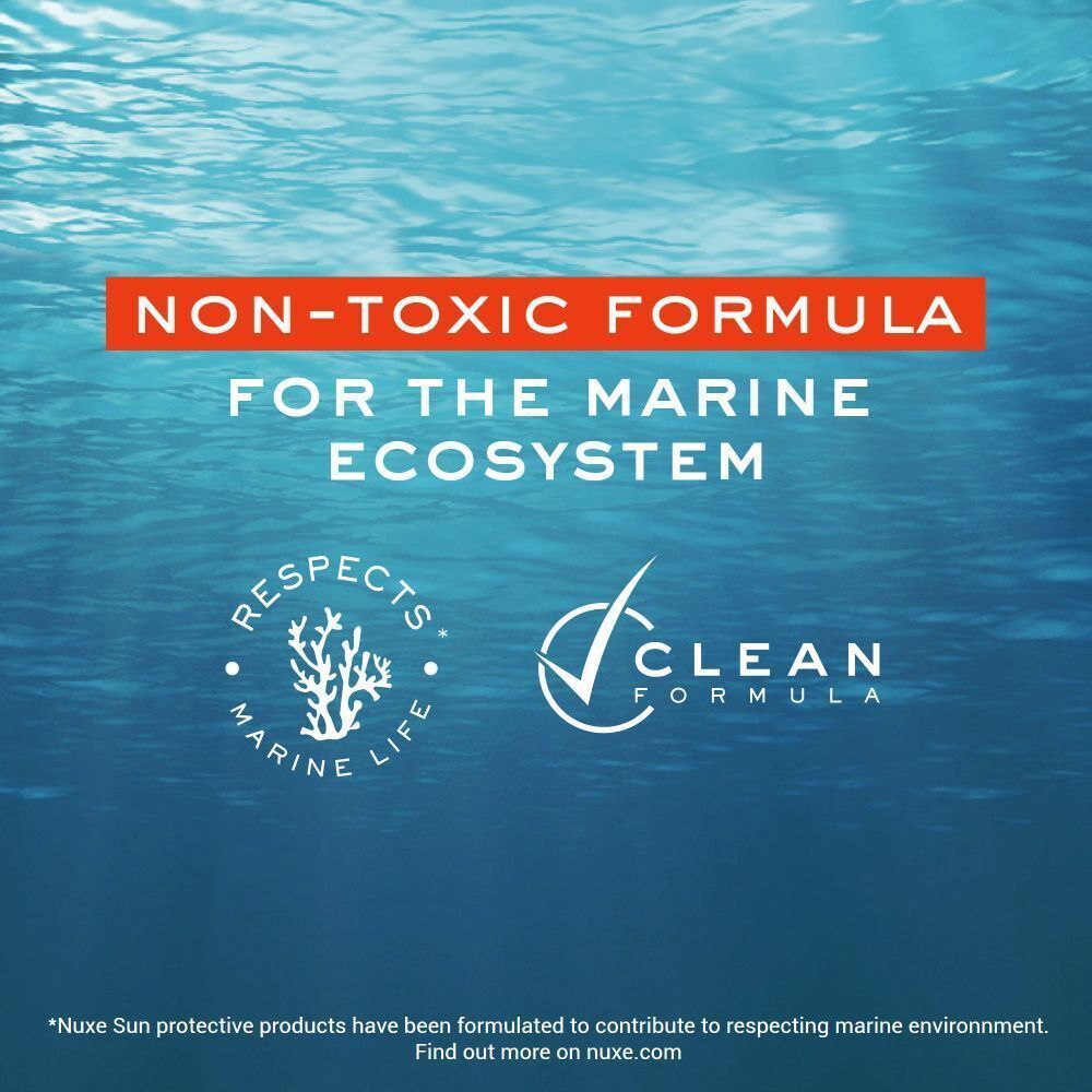 Textgrafik: 'Non-Toxic Formula for the Marine Ecosystem', 'Respects Marine Life', 'Clean Formula'.