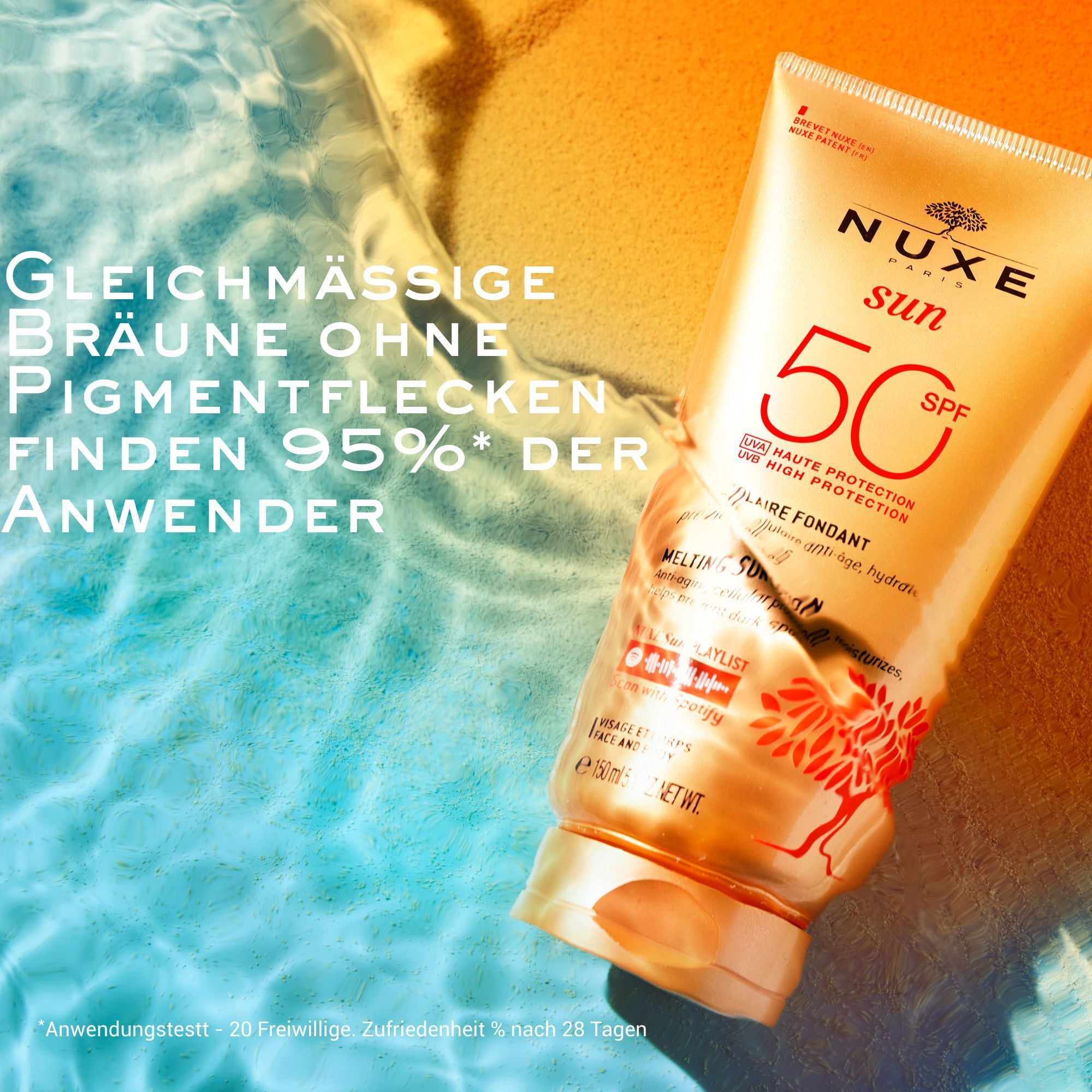 Tube NUXE Sun Sonnenmilch LSF 50 im Wasser. "Gleichmässige Bräune ohne Pigmentflecken".