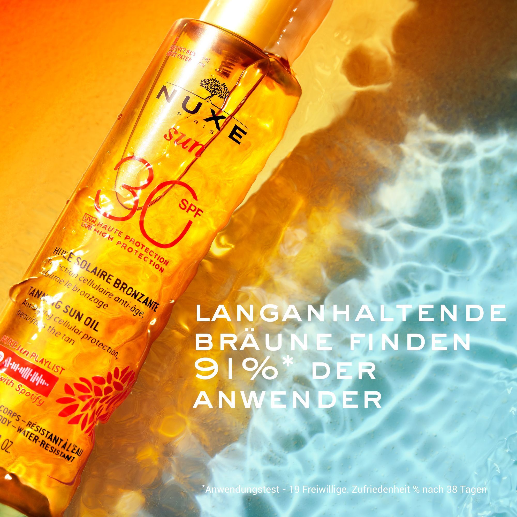NUXE Sun Sonnenöl LSF 30 in Wasser, Text: Langanhaltende Bräune finden 91% der Anwender.