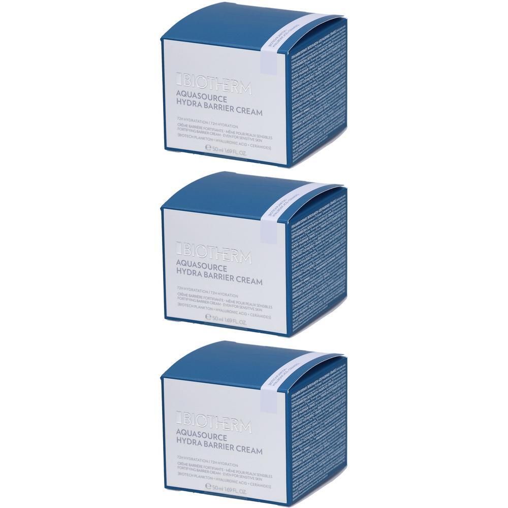 Drei Biotherm Aquasource Hydra Barrier Cream Kartons, blau und weiß.